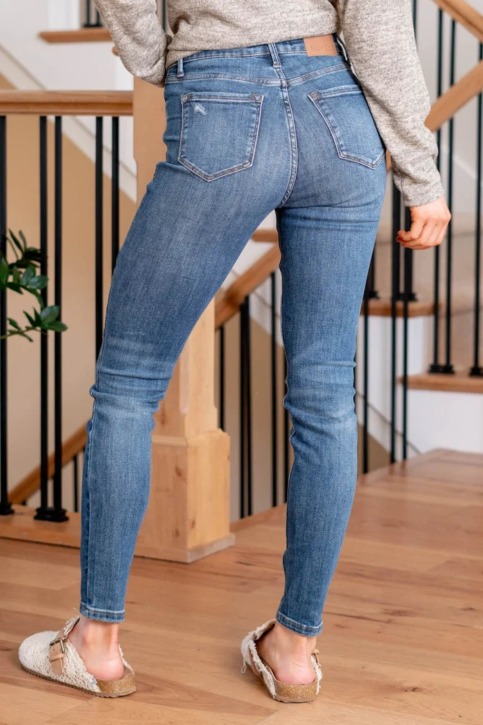 Judy Blue Mid Rise Tummy Control Distressed Slim Fit Skinny Jeans