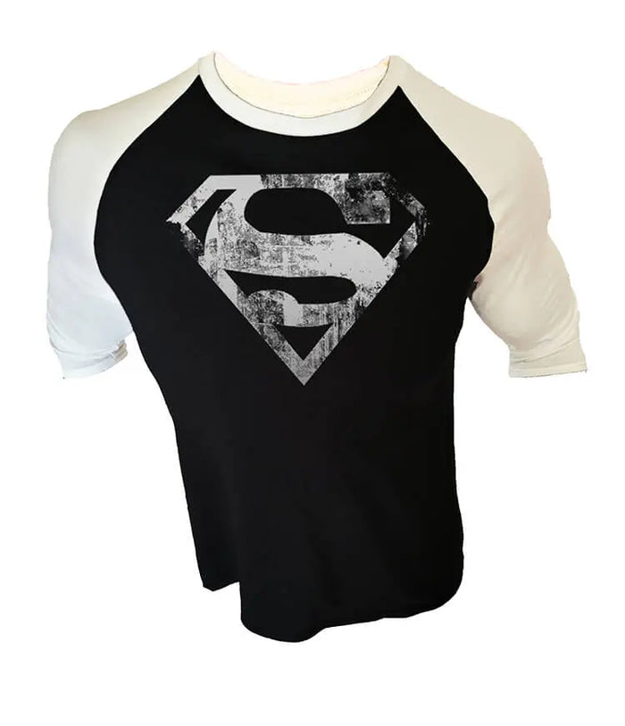 Man Of Steel Distressed Logo Raglan Workout Black T-Shirt
