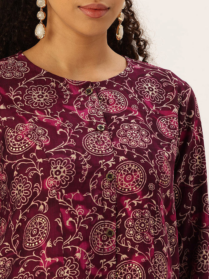 Maroon Ethnic Motifs Printed Kurta with Trousers & With Dupatta, Maroon kurta set, Ethnic kurta set, Printed kurta, Kurta with trousers, Kurta with dupatta, Womens ethnic wear, Indian wear, Festive wear, Traditional wear, Ethnic motifs
