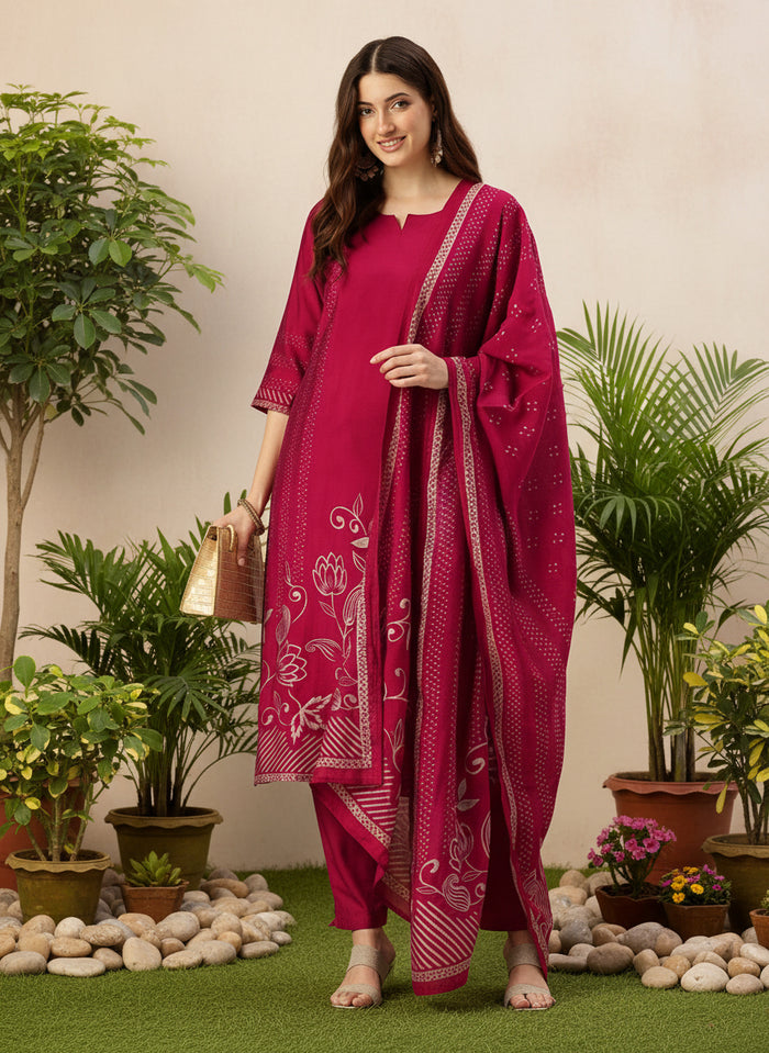 Pink Floral Printed Kurta with Trousers & With Dupatta