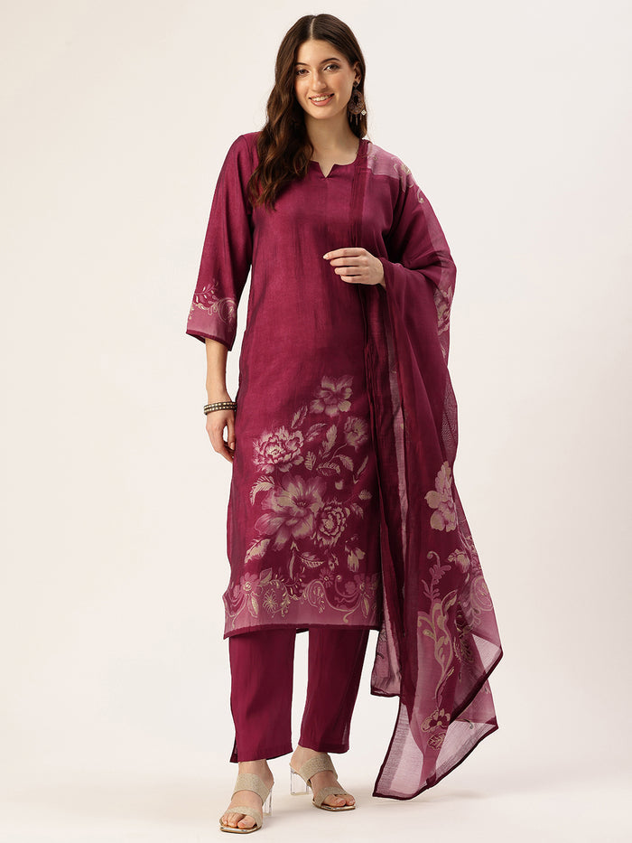 Pink Floral Printed Kurta with Trousers & With Dupatta, Pink Color, Pink Color Printed Kurta Dupatta Set, Kurta Dupatta Set, Floral Printed, 3/4th Sleeve