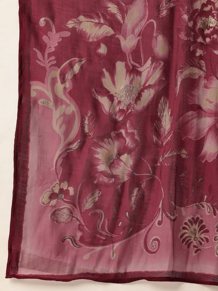 Pink Floral Printed Kurta with Trousers & With Dupatta, Pink Color, Pink Color Printed Kurta Dupatta Set, Kurta Dupatta Set, Floral Printed, 3/4th Sleeve