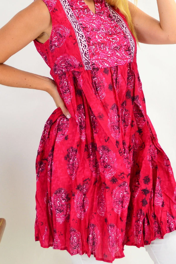 Pinkie Red Paisley Chinese Collar Tunic Dress by One Summer, featuring a vibrant paisley pattern and traditional Chinese collar design.