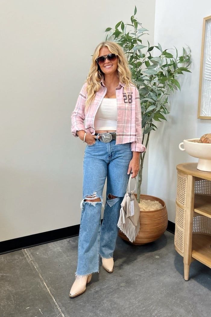 plaid long sleeve button up top