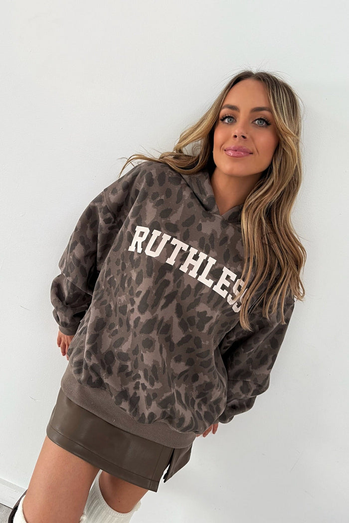 leopard print hoodie with bold "ruthless" across the front