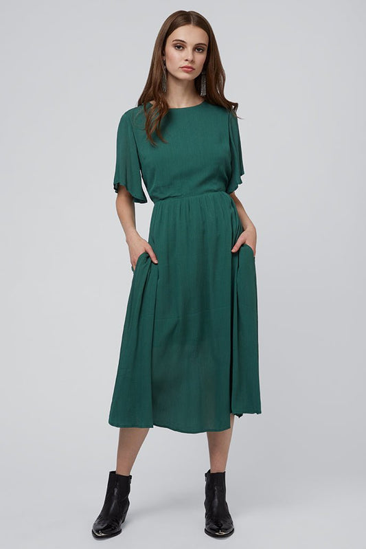 Safa Green Cut Out Back Midi Dress - Bascora