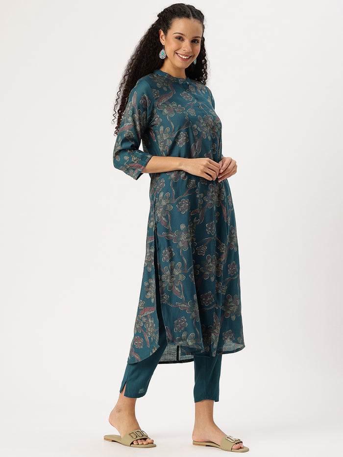 Teal Blue Floral Printed Kurta with Trousers & With Dupatta,Floral Printed Kurta Set, Ethnic Wear Kurta Set, Dupatta Set, Festive Wear Kurti Set