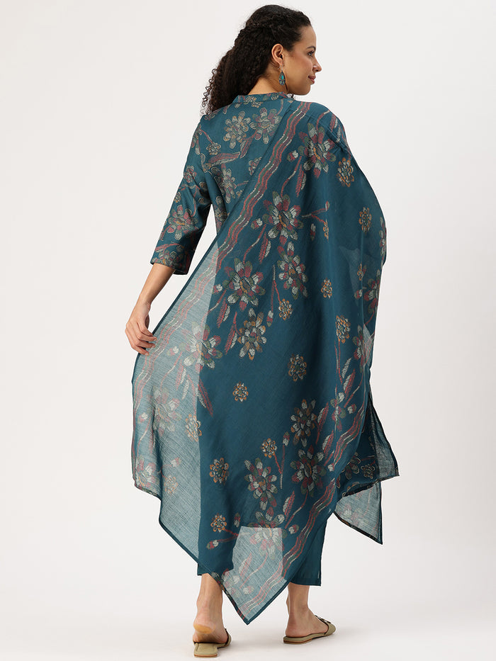 Teal Blue Floral Printed Kurta with Trousers & With Dupatta,Floral Printed Kurta Set, Ethnic Wear Kurta Set, Dupatta Set, Festive Wear Kurti Set