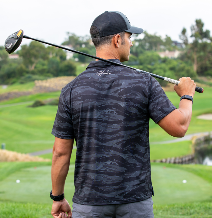 Performance Men's Golf Polo in Black Tiger Stripe style with military camo