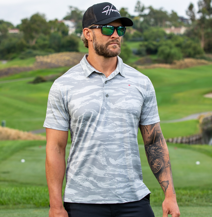 Haze Gray Tiger Stripe Men's Golf Polo with military camouflage pattern