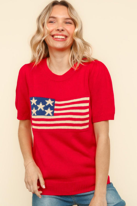 TOP American Flag Jacquard Sweater Knit Plus