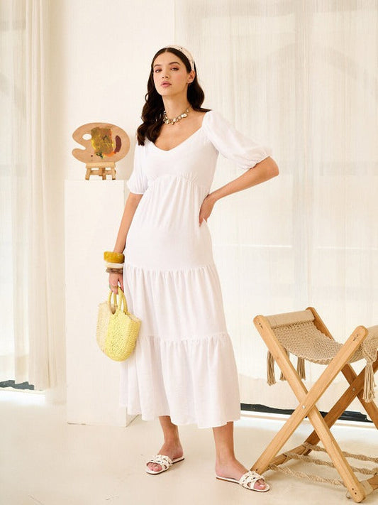White A-Line Midi Dress with Puff Sleeves