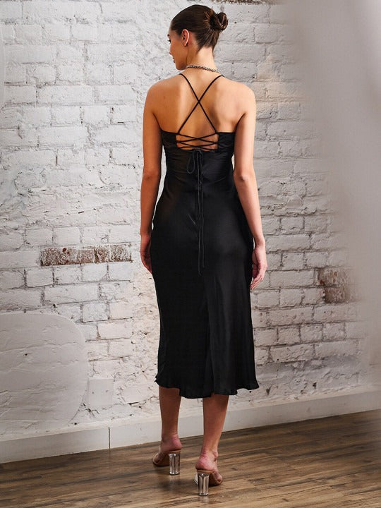 Women Black Satin Halter Neck Sheath Midi Dress