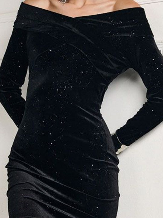Women Black Velvet Off-Shoulder Bodycon Dress