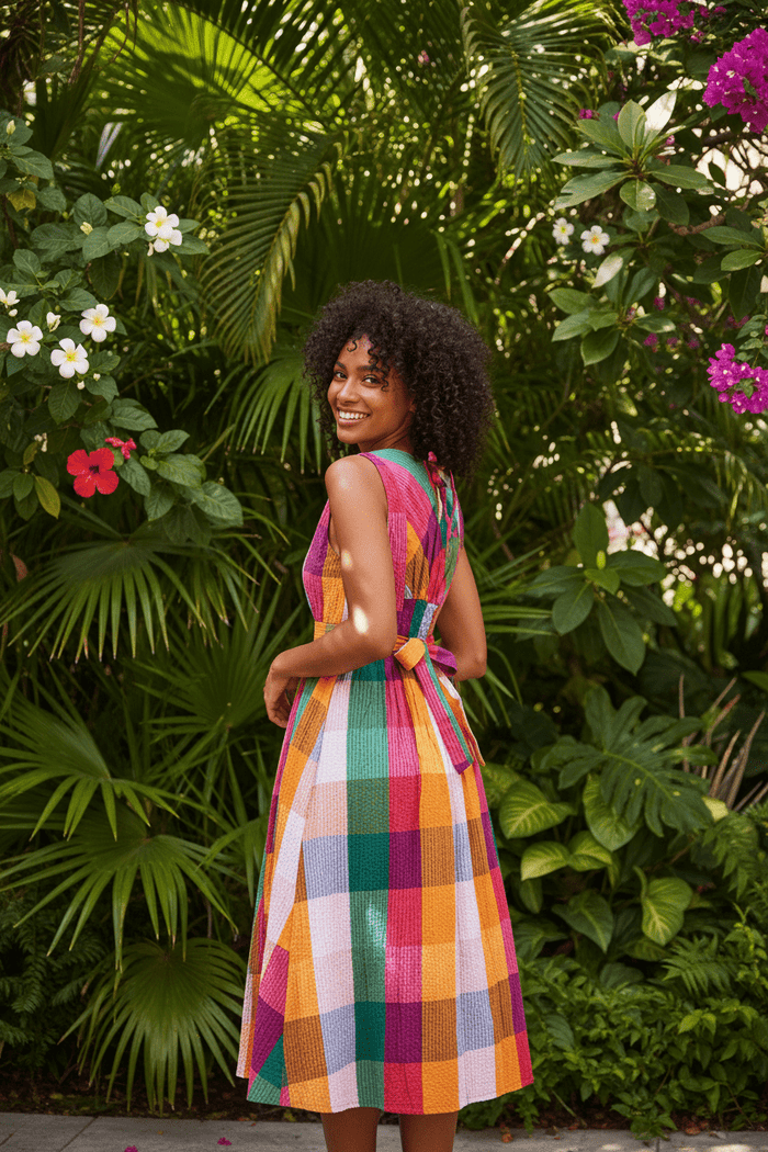 The Seersucker – Cotton Check Midi Sun Dress - Bascora